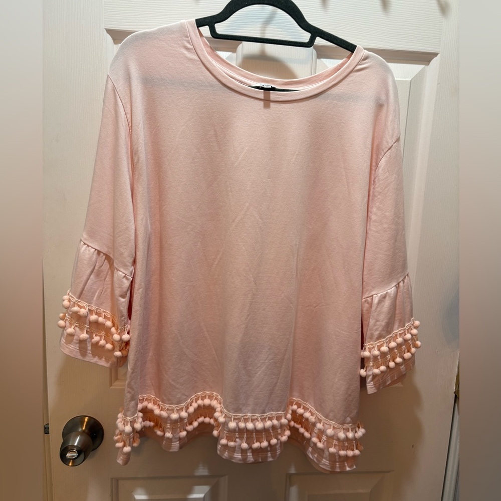 Plus 1X Women's Crown and Ivy light peach/Pink Pom-Pom Trim Top